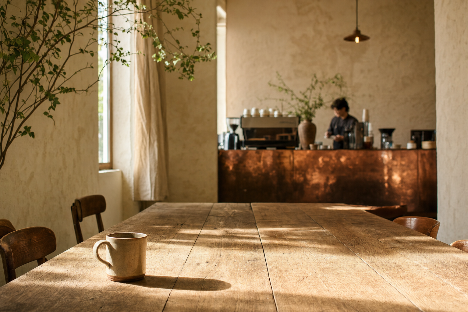Morning light across Morrow Coffee's oak communal table